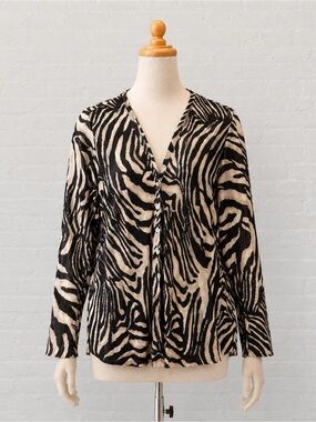 Christie & Jill V-neck Blouse Zebra Print Pleated Shirt long sleeve size 2X